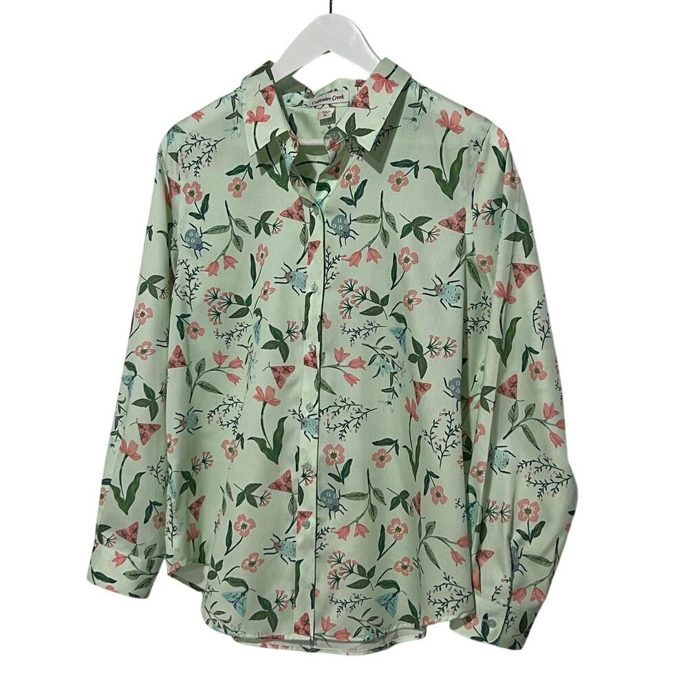 Coldwater Creek Top Womens Size 10 Mint Green Beetle Floral LS Button-up Blouse